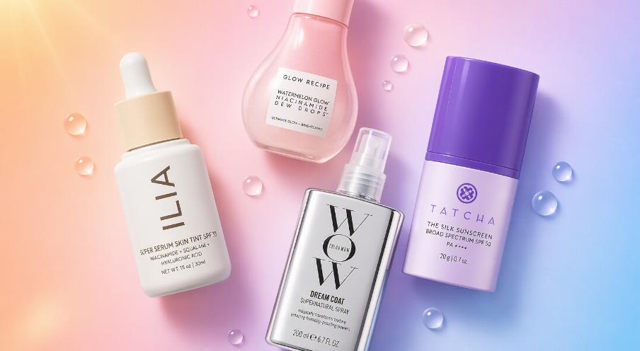Summer beauty essentials including SPF, glow skincare, lightweight base and humidity-proof haircare from Tatcha, Glow Recipe, ILIA and Color Wow